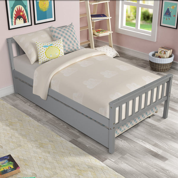 English Elm Twin Bed with Trundle Platform Frame Headboard & Footboard for Small Spaces, Solid Pine Design, No Box Spring Needed Grey W50422210