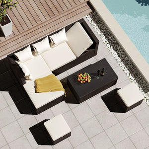 English Elm Go Outdoor 5 Piece Pe Rattan Sectional Sofa Set with Tempered Glass Table FG201206AAA