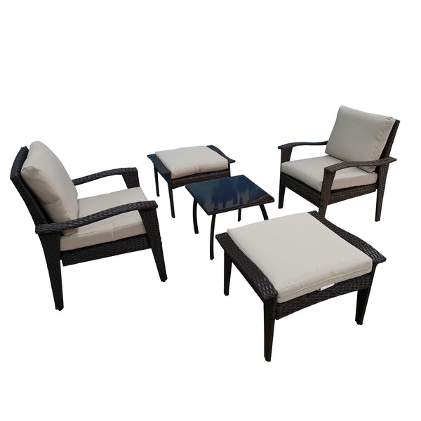 English Elm Outdoor Rattan Patio Lounge Set with Table & Ottoman, 5-Level Adjustable Chaise, Weather-Resistant Cushions W656S00001