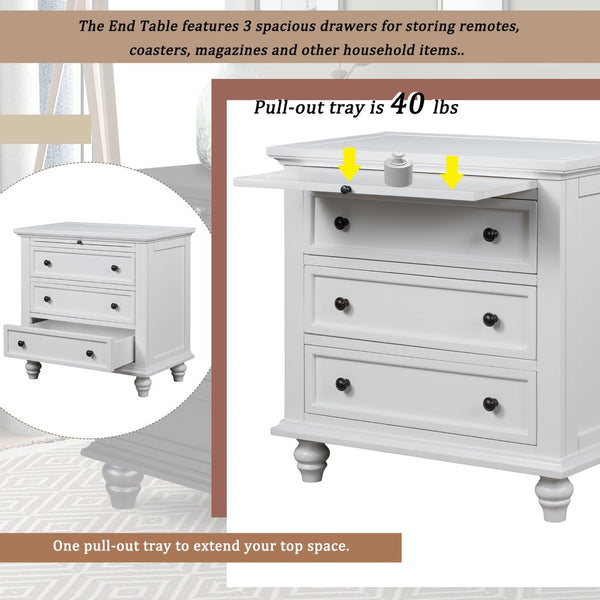 English Elm U_style Minimalist 3 Drawer Nightstand with Pull Out Tray Rubberwood Legs Bedroom Storage White WF319367AAK