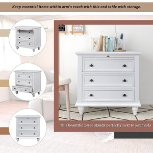 English Elm U_style Minimalist 3 Drawer Nightstand with Pull Out Tray Rubberwood Legs Bedroom Storage White WF319367AAK