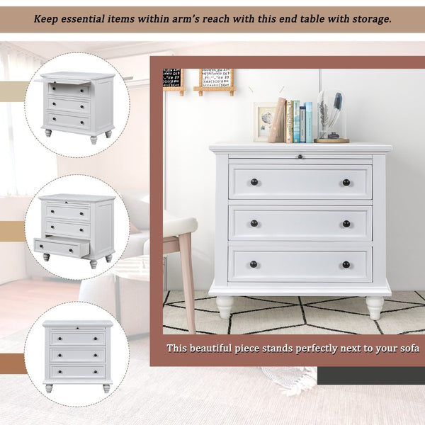 English Elm U_style Minimalist 3 Drawer Nightstand with Pull Out Tray Rubberwood Legs Bedroom Storage White WF319367AAK