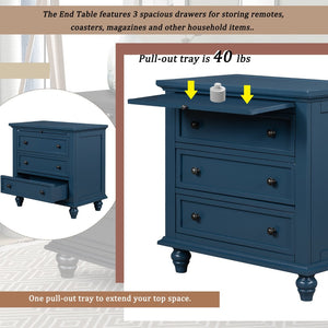 English Elm U_style Minimalist 3 Drawer Nightstand with Pull Out Tray Rubberwood Legs Bedroom Storage Blue WF319367AAV
