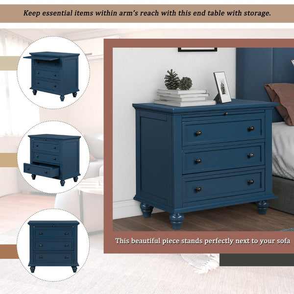 English Elm U_style Minimalist 3 Drawer Nightstand with Pull Out Tray Rubberwood Legs Bedroom Storage Blue WF319367AAV