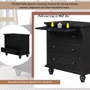 English Elm U_style Minimalist 3 Drawer Nightstand with Pull Out Tray Rubberwood Legs Bedroom Storage Black WF319367AAB