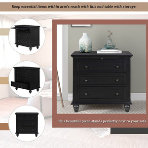 English Elm U_style Minimalist 3 Drawer Nightstand with Pull Out Tray Rubberwood Legs Bedroom Storage Black WF319367AAB