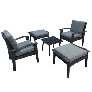 English Elm Patio 5-Piece Rattan Seating Set with Glass Table Gray Weather-Resistant Chairs, Ottoman, Cushions W656S00002
