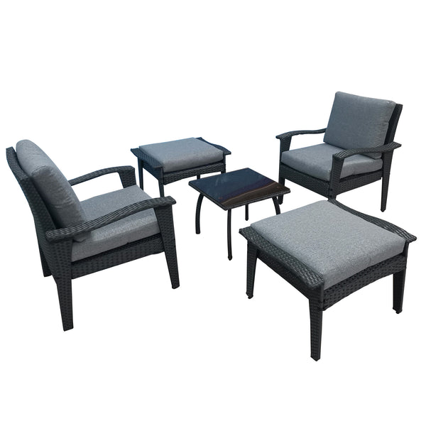 English Elm Patio 5-Piece Rattan Seating Set with Glass Table Gray Weather-Resistant Chairs, Ottoman, Cushions W656S00002