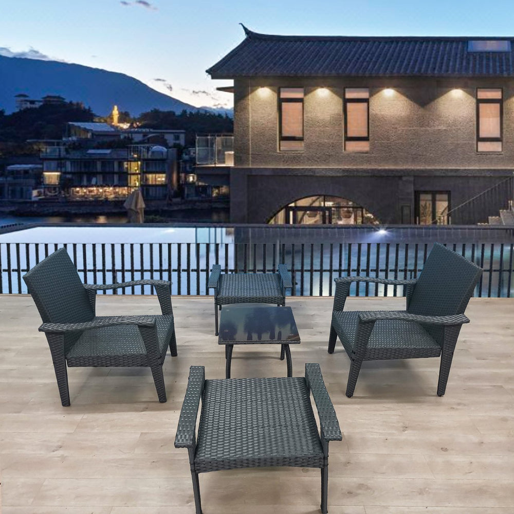 English Elm Patio 5-Piece Rattan Seating Set with Glass Table Gray Weather-Resistant Chairs, Ottoman, Cushions W656S00002