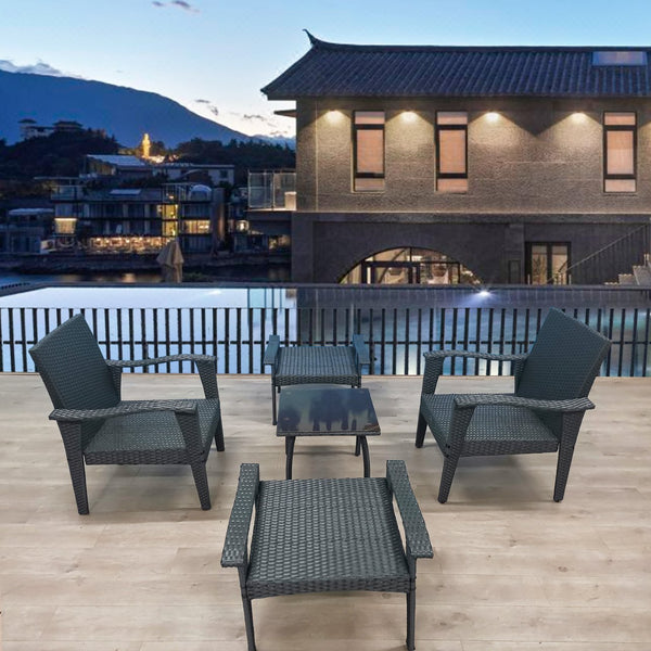 English Elm Patio 5-Piece Rattan Seating Set with Glass Table Gray Weather-Resistant Chairs, Ottoman, Cushions W656S00002