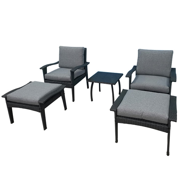 English Elm Patio 5-Piece Rattan Seating Set with Glass Table Gray Weather-Resistant Chairs, Ottoman, Cushions W656S00002