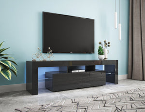 English Elm Modern Low Profile Media Console with Led Lighting Gloss Doors for Living Room or Gaming W33131067