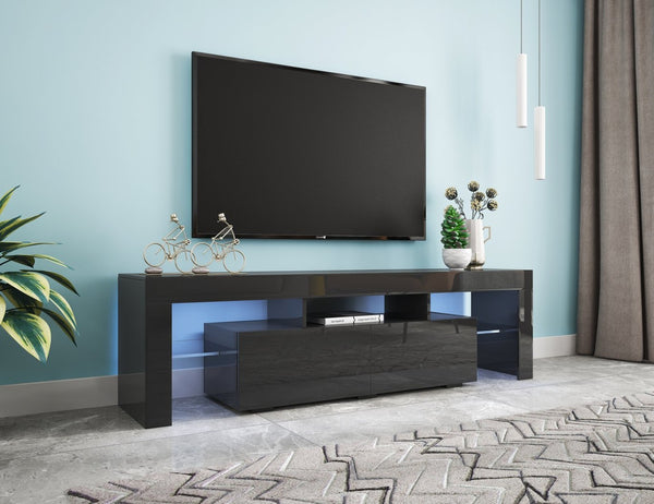 English Elm Modern Low Profile Media Console with Led Lighting Gloss Doors for Living Room or Gaming W33131067