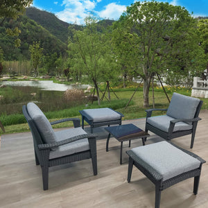 English Elm Patio 5-Piece Rattan Seating Set with Glass Table Gray Weather-Resistant Chairs, Ottoman, Cushions W656S00002