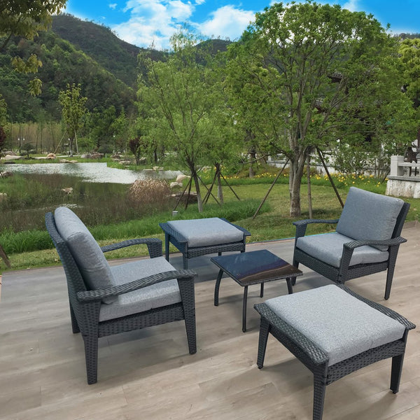 English Elm Patio 5-Piece Rattan Seating Set with Glass Table Gray Weather-Resistant Chairs, Ottoman, Cushions W656S00002