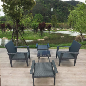 English Elm Patio 5-Piece Rattan Seating Set with Glass Table Gray Weather-Resistant Chairs, Ottoman, Cushions W656S00002