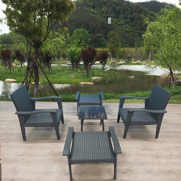 English Elm Patio 5-Piece Rattan Seating Set with Glass Table Gray Weather-Resistant Chairs, Ottoman, Cushions W656S00002