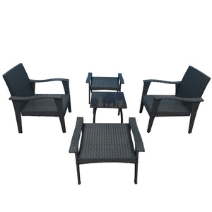 English Elm Patio 5-Piece Rattan Seating Set with Glass Table Gray Weather-Resistant Chairs, Ottoman, Cushions W656S00002
