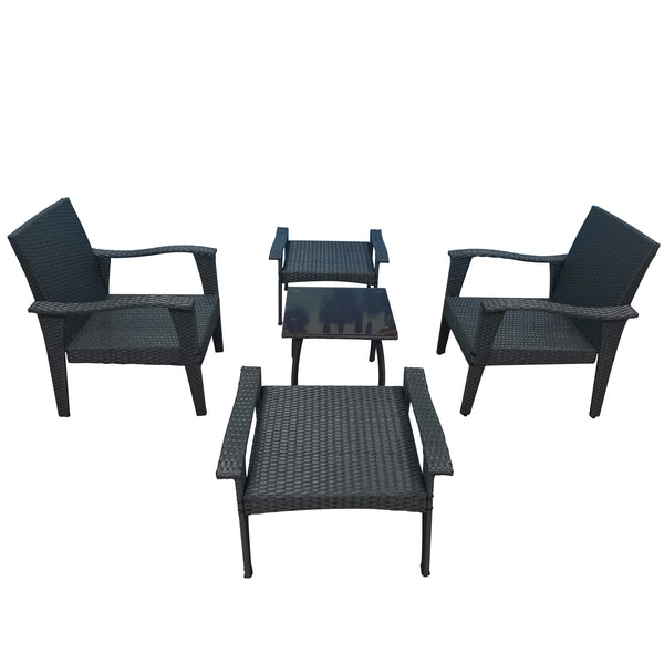 English Elm Patio 5-Piece Rattan Seating Set with Glass Table Gray Weather-Resistant Chairs, Ottoman, Cushions W656S00002