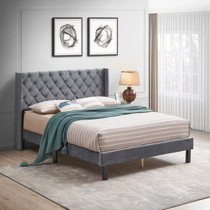 English Elm Velvet Wingback Platform Bed Tufted Headboard Low Profile Queen Bedroom Frame W31128434