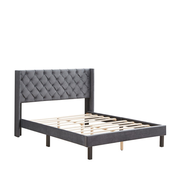 English Elm Velvet Wingback Platform Bed Tufted Headboard Low Profile Queen Bedroom Frame W31128434