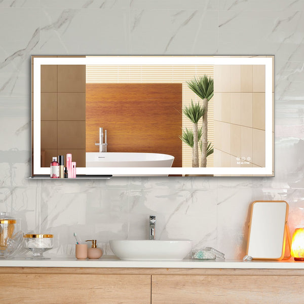 English Elm 48x24 LED Bathroom Vanity Mirror Silver Frame with Anti-Fog, Touch Dimmer, Memory, IP44 Waterproof Tray Shelf W70832310