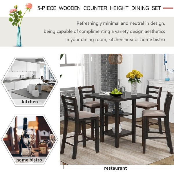 English Elm Trexm Rubberwood Counter Height Dining Set Espresso Finish Upholstered Chairs ST000034AAP