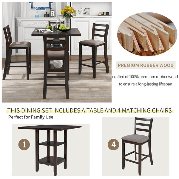 English Elm Trexm Rubberwood Counter Height Dining Set Espresso Finish Upholstered Chairs ST000034AAP