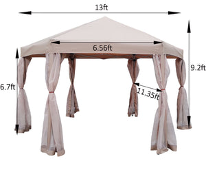 English Elm 13 Ft. Pop-Up Gazebo 13x13x9.2ft Hexagonal Steel Frame Patio Canopy with Mesh Walls & Bag W65632229