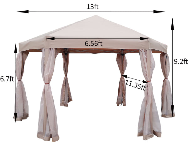 English Elm 13 Ft. Pop-Up Gazebo 13x13x9.2ft Hexagonal Steel Frame Patio Canopy with Mesh Walls & Bag W65632229