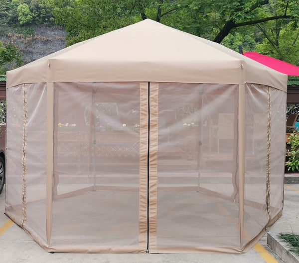 English Elm 13 Ft. Pop-Up Gazebo 13x13x9.2ft Hexagonal Steel Frame Patio Canopy with Mesh Walls & Bag W65632229