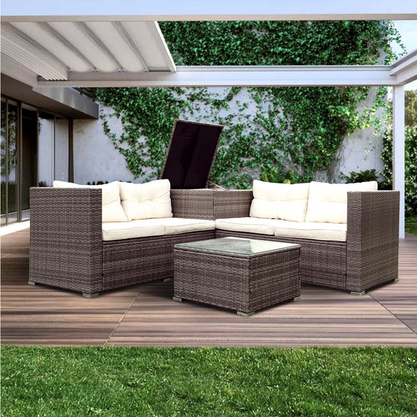 English Elm 4 Piece Patio Sectional Set - Modular Wicker Rattan Sofa With Soft Cushions & Convenient Storage Box W329S00033