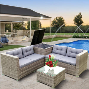 English Elm 4 Piece Patio Sectional Wicker Rattan Sofa Set With Storage Box – Versatile Comfort For Outdoors W329S00032