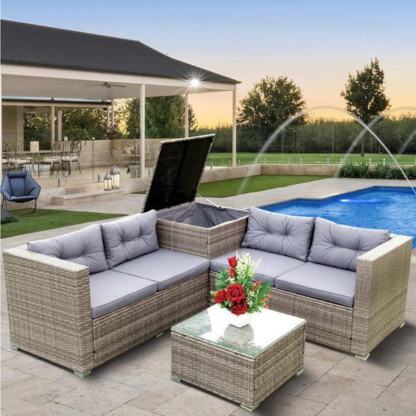 English Elm 4 Piece Patio Sectional Wicker Rattan Sofa Set With Storage Box – Versatile Comfort For Outdoors W329S00032