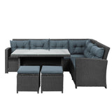 Hearth and Haven 6 Piece Patio Sectional Sofa Set with Glass Table, Ottomans, Black