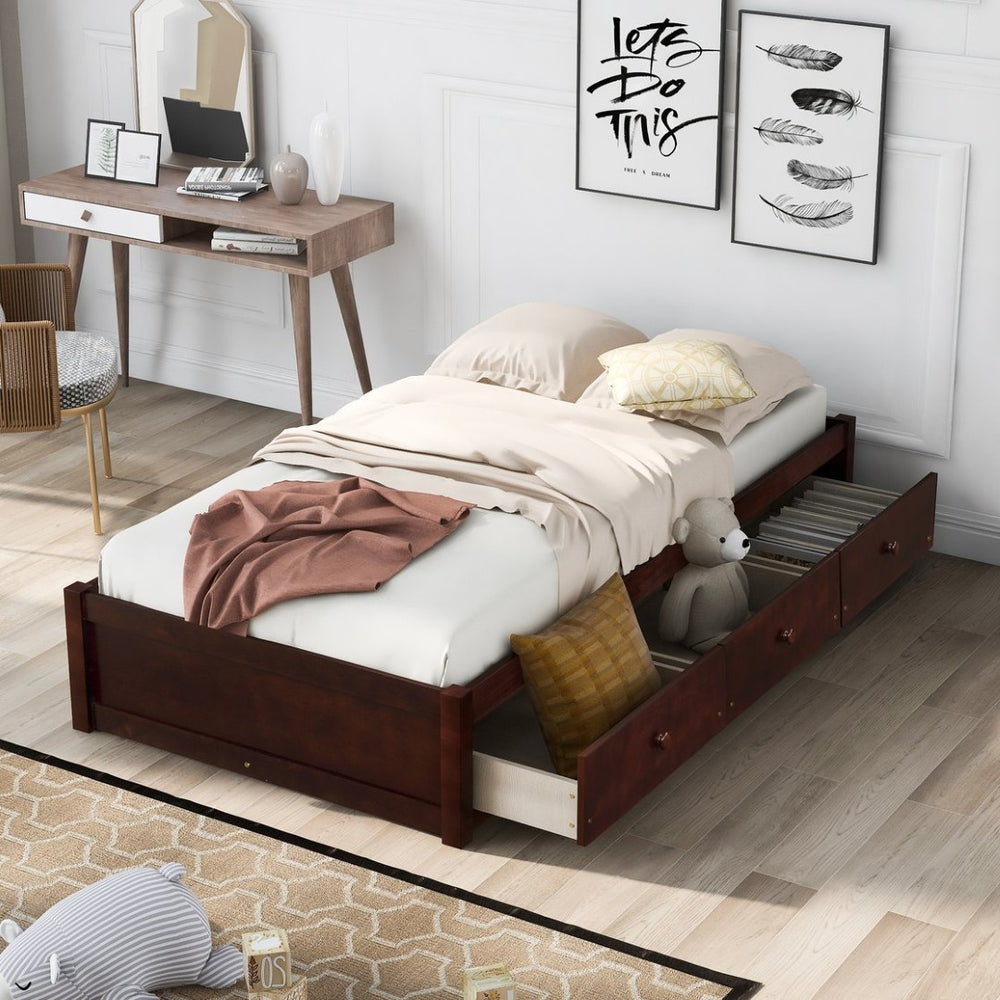 English Elm Twin Platform Storage Bed with 3 Under Frame Drawers Pine Wood Low Profile WF193634AAD