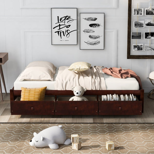 English Elm Twin Platform Storage Bed with 3 Under Frame Drawers Pine Wood Low Profile WF193634AAD