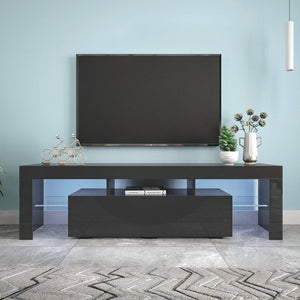 English Elm Modern Low Profile Media Console with Led Lighting Gloss Doors for Living Room or Gaming W33131067