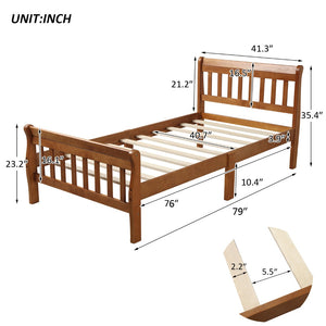 English Elm Wood Sleigh Twin Bed Solid Frame with Curved Headboard and Footboard for Kids Rooms Walnut N708P330271L