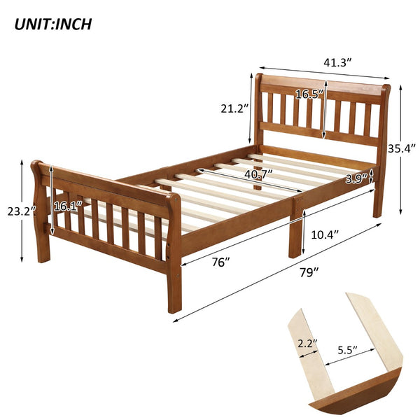 English Elm Wood Sleigh Twin Bed Solid Frame with Curved Headboard and Footboard for Kids Rooms Walnut N708P330271L