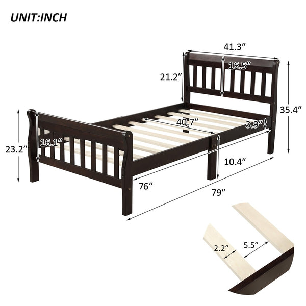 English Elm Wood Sleigh Twin Bed Solid Frame with Curved Headboard and Footboard for Kids Rooms Espresso N708P330271D