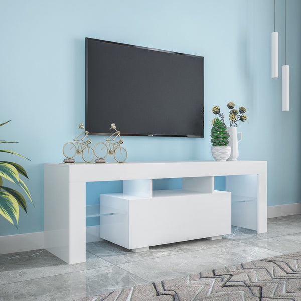 English Elm Entertainment Tv Stand with Led Ambient Lighting White Cabinet for Living Room W33115869