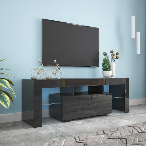 English Elm Black Media Console with Rgb Led Lighting Low Profile Gaming Living Room Stand W33115870