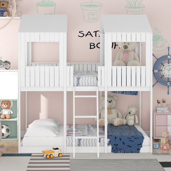 English Elm Full Over Playhouse Bunk Bed Pine Wood Pitched Roof Window Kids Bedroom LT000031AAK-1
