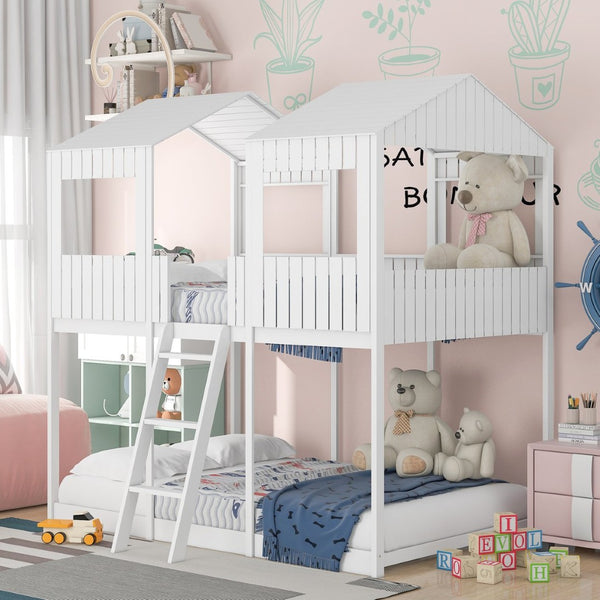 English Elm Full Over Playhouse Bunk Bed Pine Wood Pitched Roof Window Kids Bedroom LT000031AAK-1