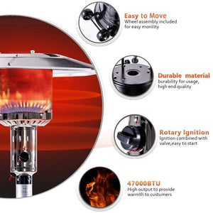 English Elm Outdoor 47,000 BTU Patio Propane Heater 88" Standing Stainless Steel Burner Portable Wheels for Yard Black HYMY-CAPH-7-S
