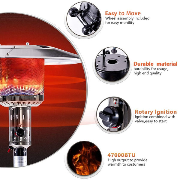 English Elm Outdoor 47,000 BTU Patio Propane Heater 88" Standing Stainless Steel Burner Portable Wheels for Yard Black HYMY-CAPH-7-S