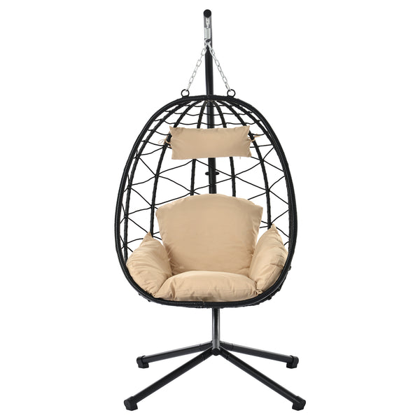 English Elm Egg Modern Rattan Swing Chair with Stand – Black PE Wicker & Beige Cushion, All-Weather Patio Egg Seat W87433841