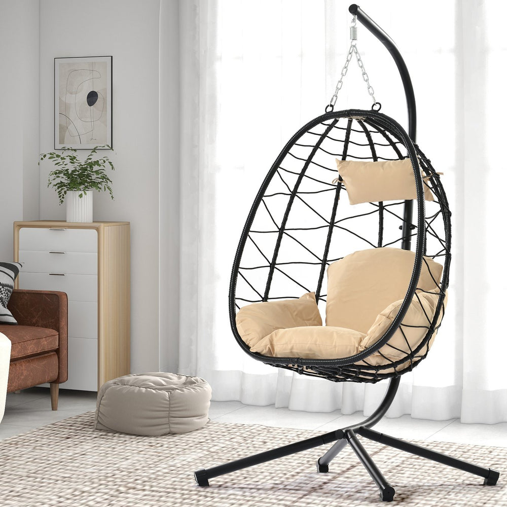 English Elm Egg Modern Rattan Swing Chair with Stand – Black PE Wicker & Beige Cushion, All-Weather Patio Egg Seat W87433841