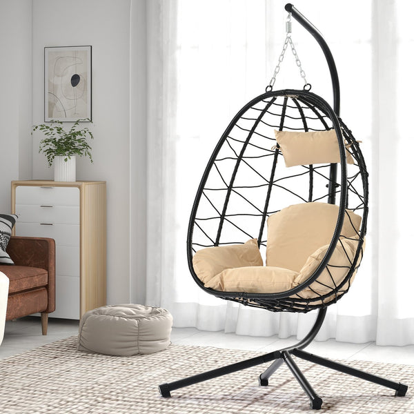 English Elm Egg Modern Rattan Swing Chair with Stand – Black PE Wicker & Beige Cushion, All-Weather Patio Egg Seat W87433841
